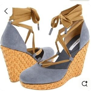 Nine West Blue Suede Lace-Up Wedge Espadrilles with Tan Ankle Wrap Ties